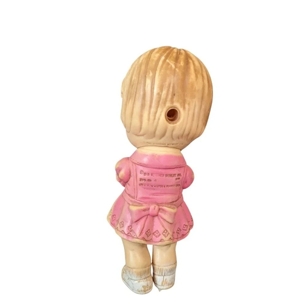 Vintage Edward Mobley Co Rubber Doll Girl Pink Dress Teddy Bear 1960s Squeak Toy